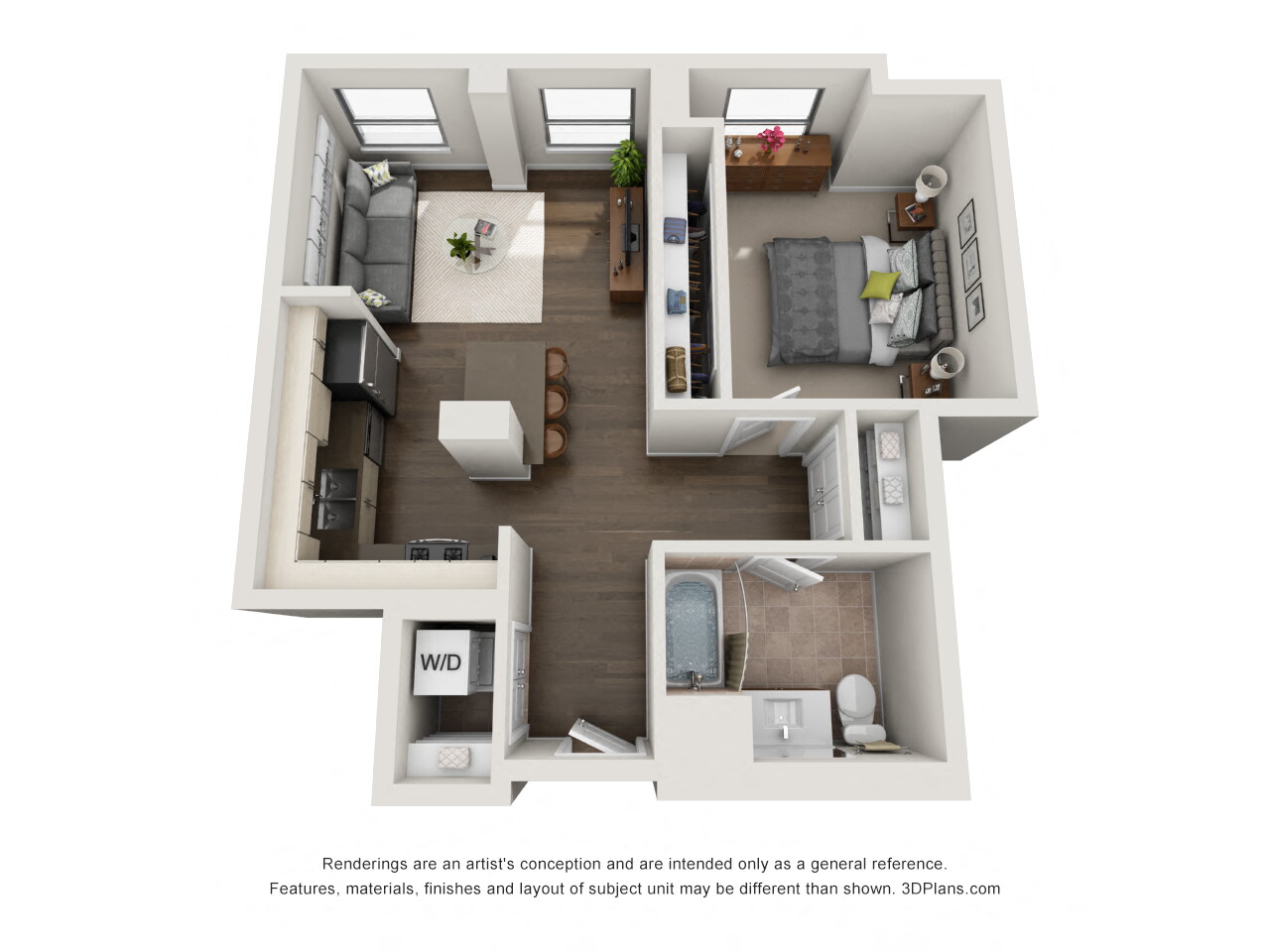 Floor plan for 1 bed, 1 bath, 685 sqft